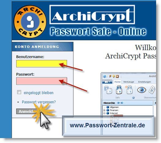 Anmelden bei ArchiCrypt Passwort-Zentrale