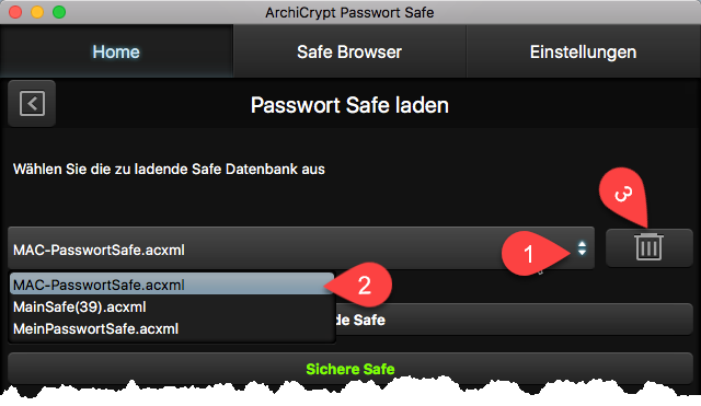Zu löschenden Passwort Safe wählen