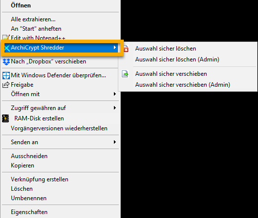 ArchiCrypt Shredder integriert sich in den Windows Explorer